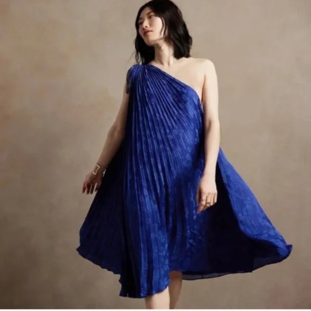 Banana Republic Pleated One Shoulder Swing Dress in Cobalt Blue